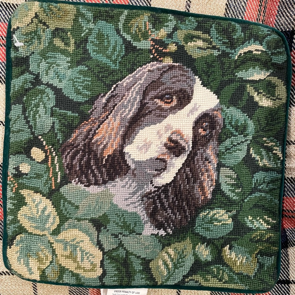Gorgeous Vintage Handmade Needlepoint Spaniel Dog Pillow Cover NEW RARE